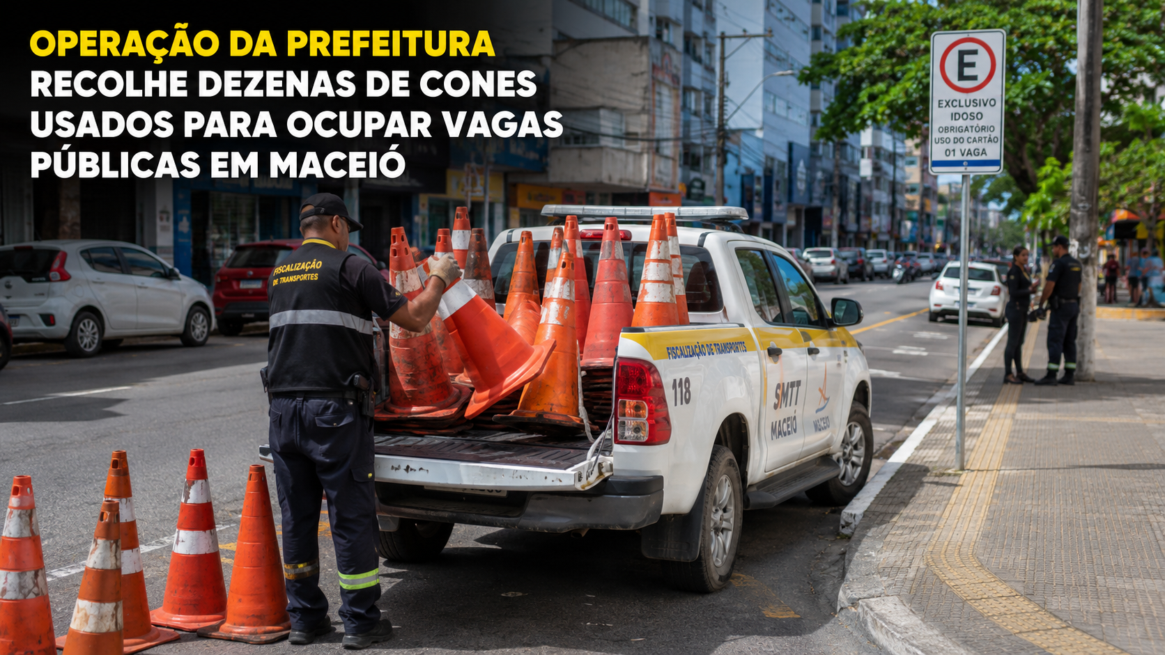 Ilustração editorial de fiscalização de trânsito com cones em via urbana