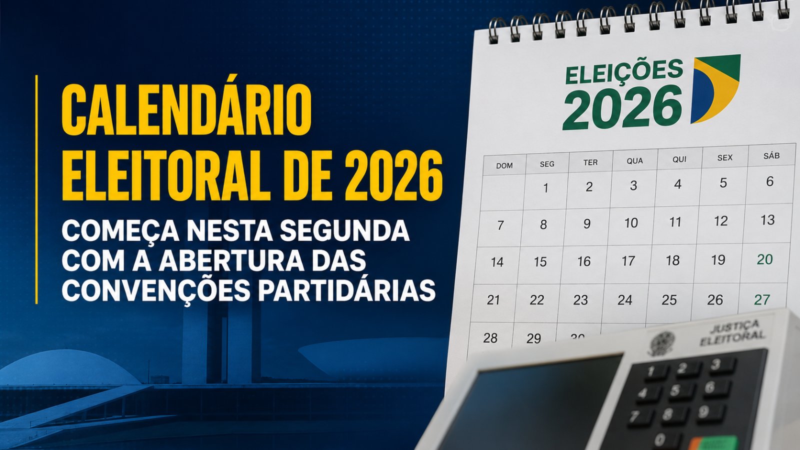 Urna eletrônica e calendário representando as eleições de 2026