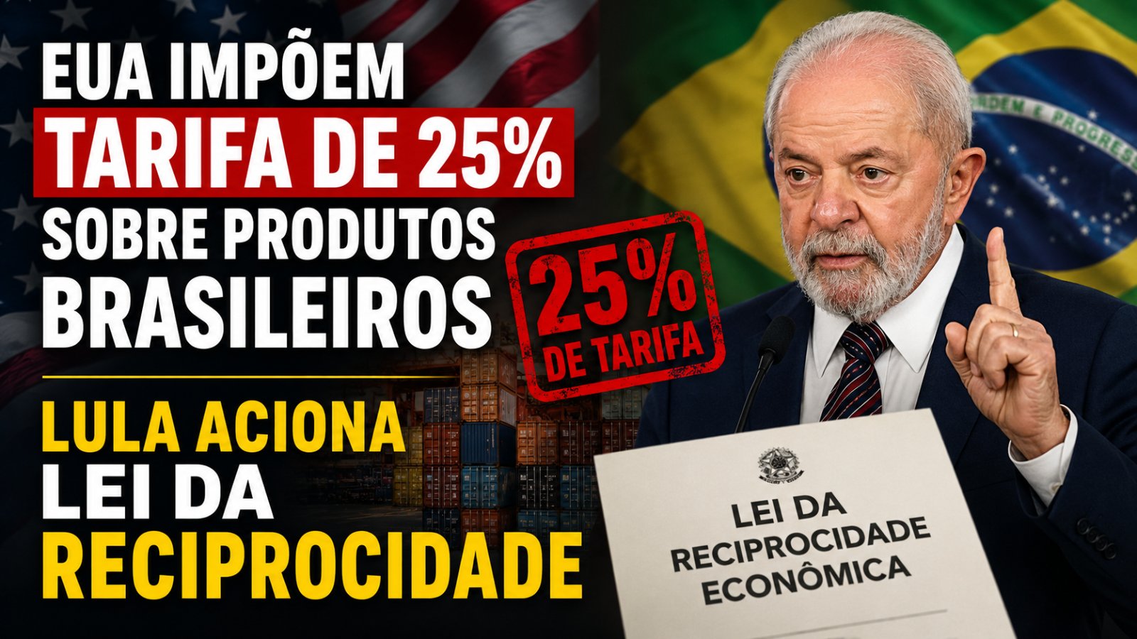Ilustração editorial de contêineres de carga com bandeiras do Brasil e dos Estados Unidos