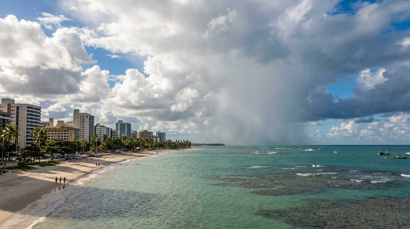 Céu parcialmente nublado sobre a orla de Maceió