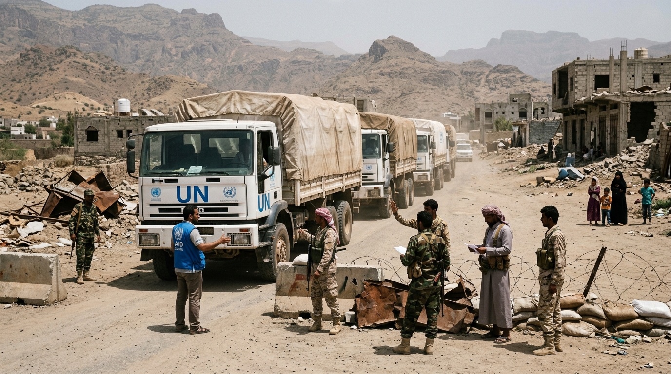 Comboio de ajuda humanitária em estrada no Iêmen, próximo à cidade de Taiz