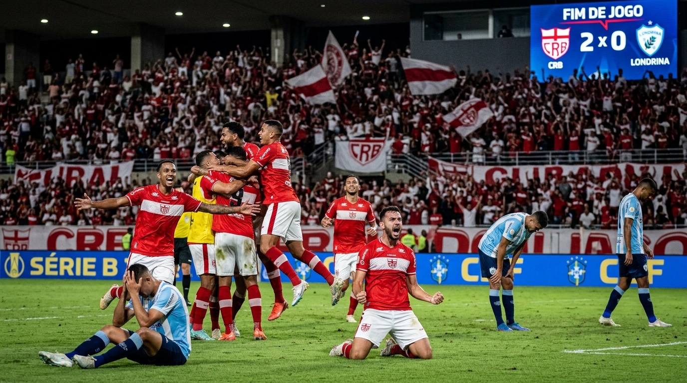 Jogadores do CRB comemoram gol durante partida contra o Londrina no estádio Rei Pelé