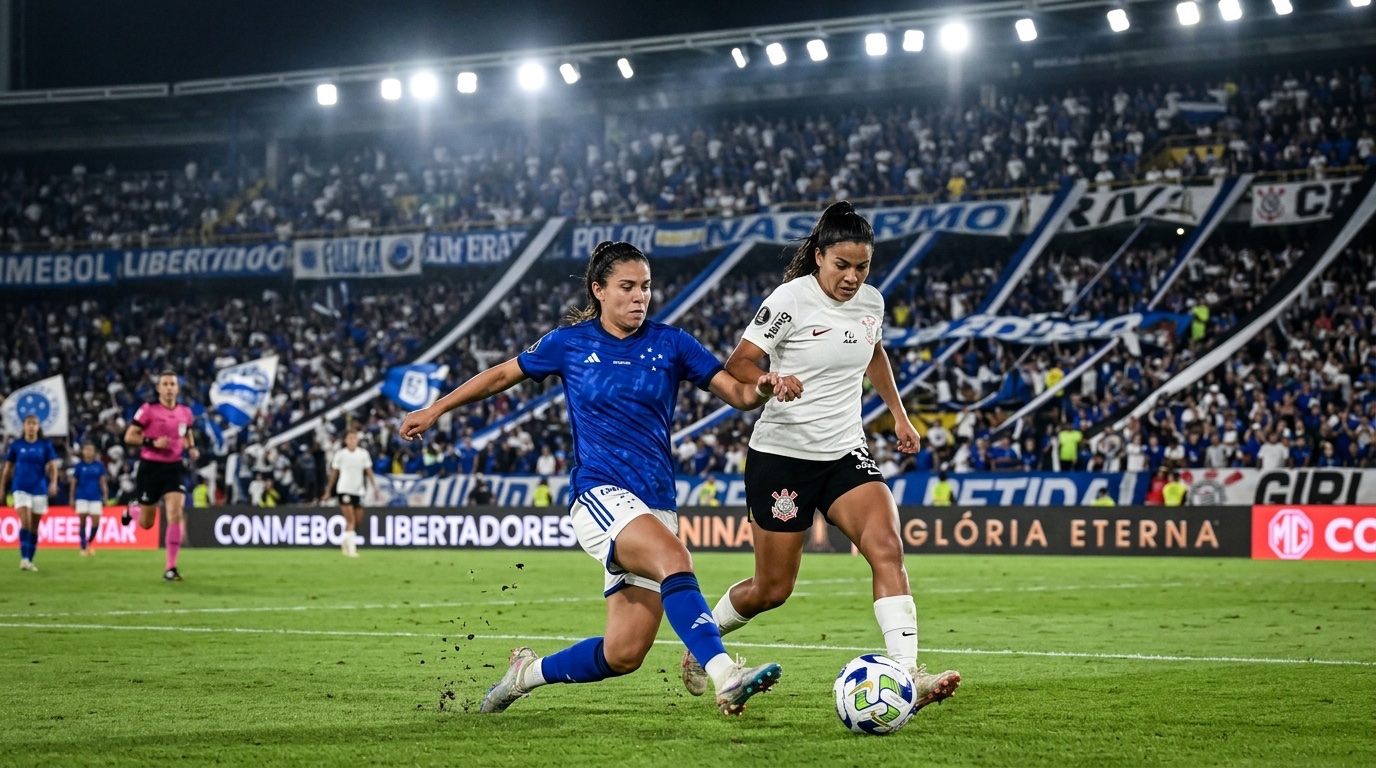 Jogadoras em campo durante jogo de futebol feminino