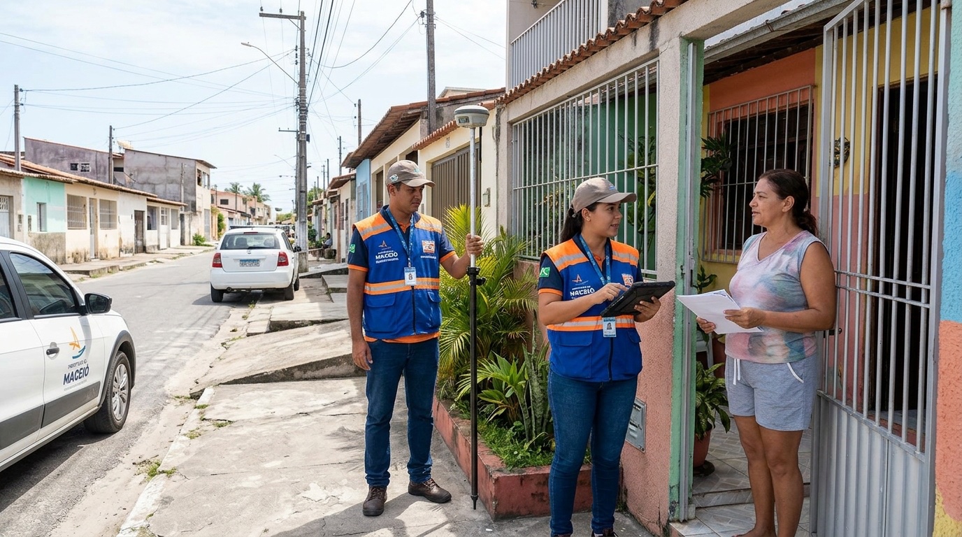 Agente de campo com colete realizando vistoria externa em bairro residencial de Maceió