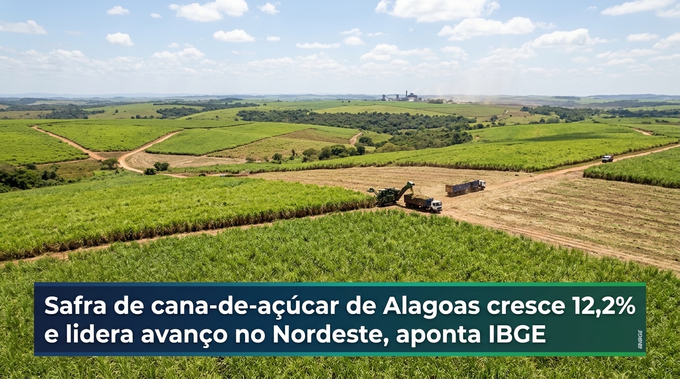 Plantação de cana-de-açúcar em área rural de Alagoas durante a safra 2026
