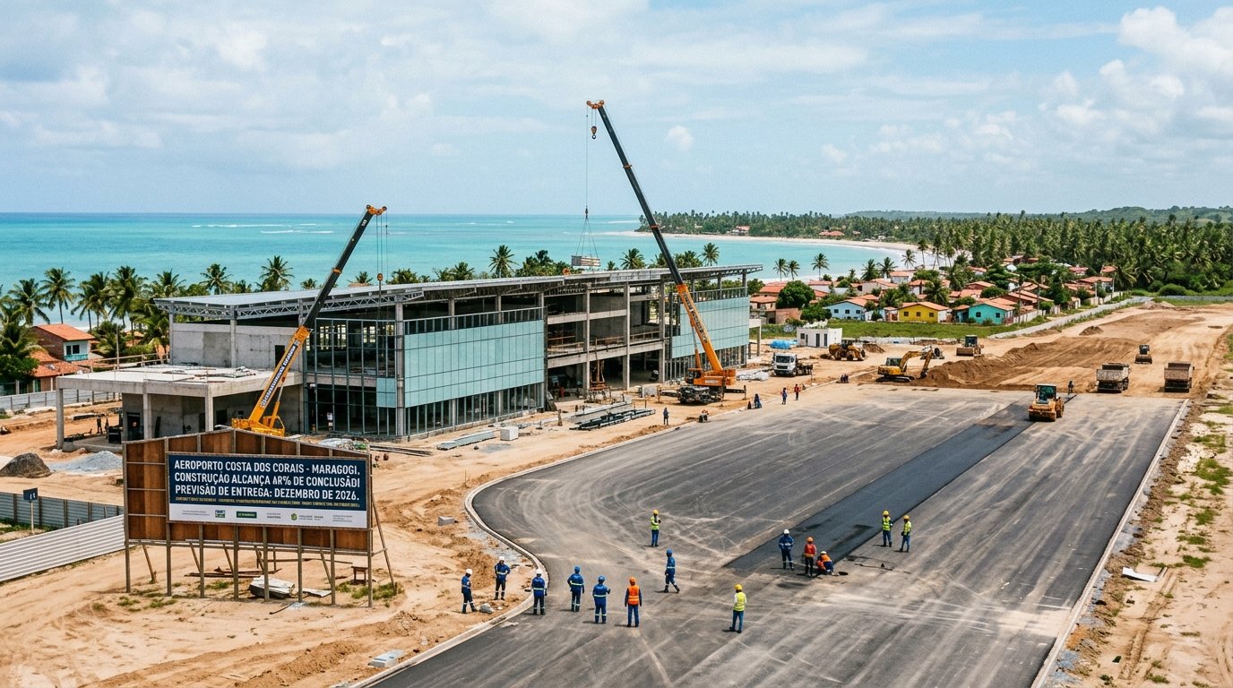 Ilustração editorial sobre as obras do Aeroporto Costa dos Corais em Maragogi, no Litoral Norte de Alagoas