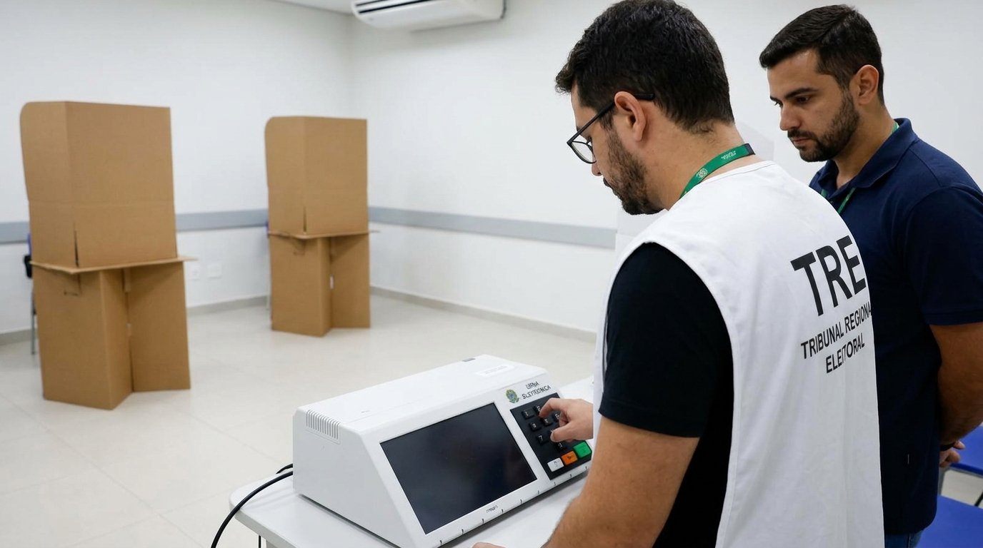 Mesário opera a urna eletrônica antes da votação