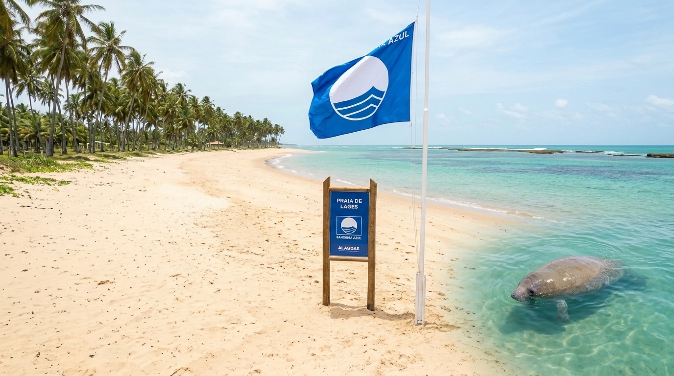 Vista aérea de praia de areia clara e mar azul-turquesa no litoral de Alagoas