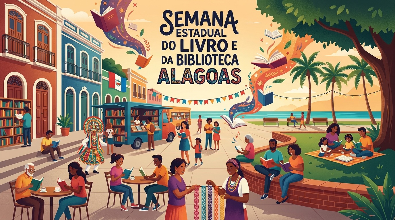 Estante de livros em biblioteca pública com crianças participando de atividade de leitura