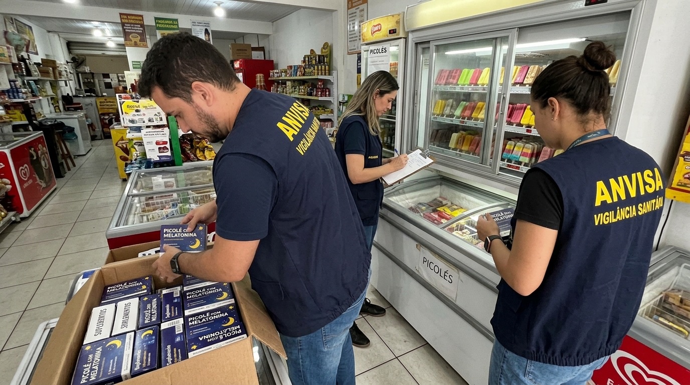 Embalagens de picolé e suplemento alimentar em prateleira de supermercado