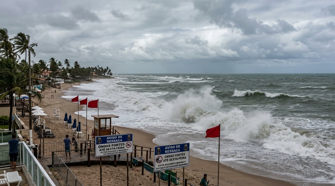 Ilustração editorial representando ondas e alerta marítimo no litoral de Alagoas