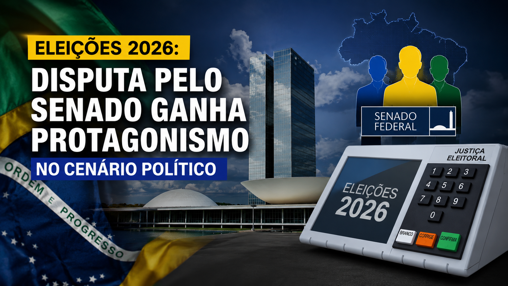 Capa editorial RT Notícias sobre a disputa pelo Senado nas eleições de 2026