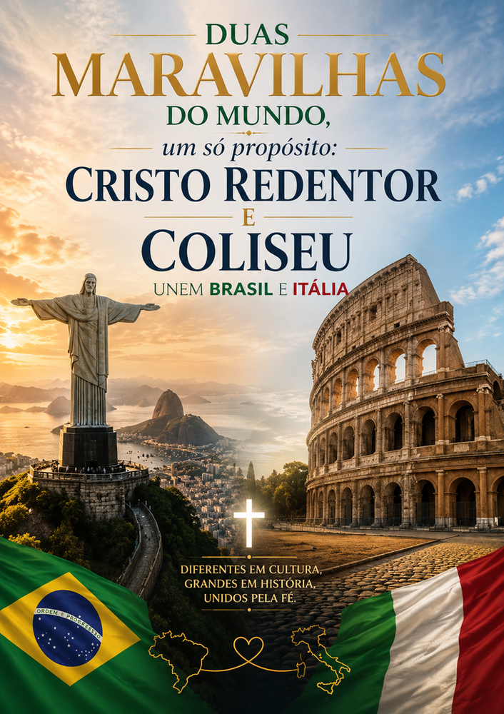 Duas maravilhas do mundo, um só propósito: Cristo Redentor e Coliseu unem Brasil e Itália